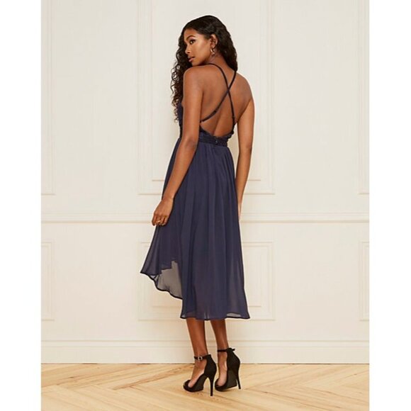 Le Chateau Navy Blue Metallic Knit Deep-V Fit & Flare Dress Size XXL - Picture 4 of 7